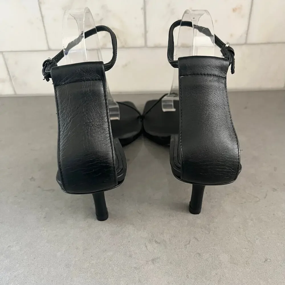 Zara Black Leather Ankle Strap Heeled Sandals Square Toe NWT Size 39 EU - Picture 5 of 13